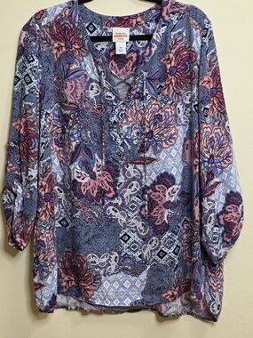 Ruby Rd. Paisley Lace-Up Top in Light Blue, Pink, Navy